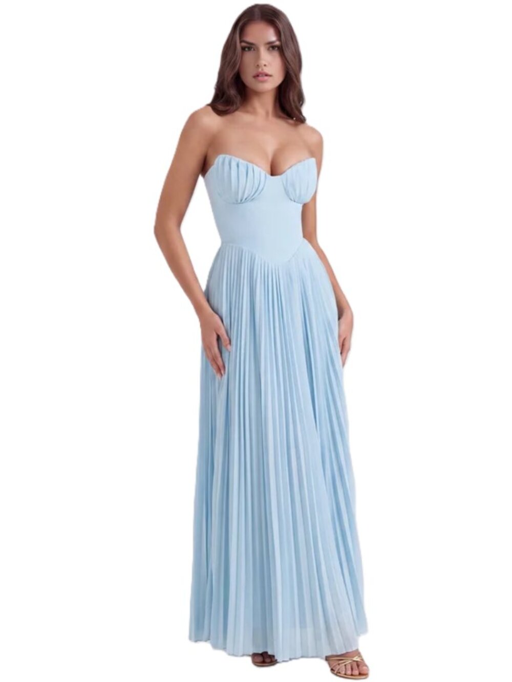 NEW Almond Muse Siena Baby Blue Pleated Strapless Maxi Dress 10/12